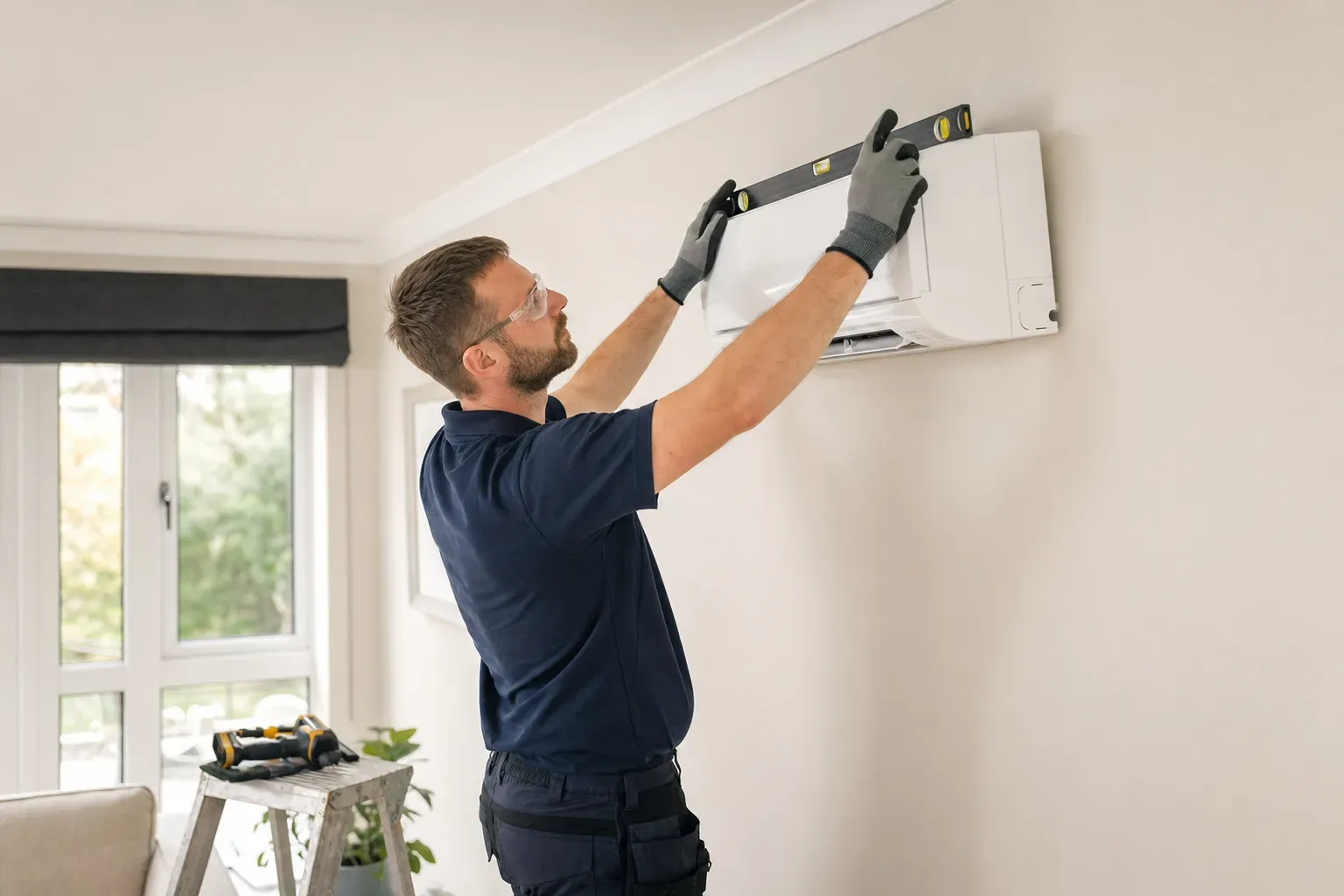 An installer mounting a wall-split air conditioning unit in a UK home.