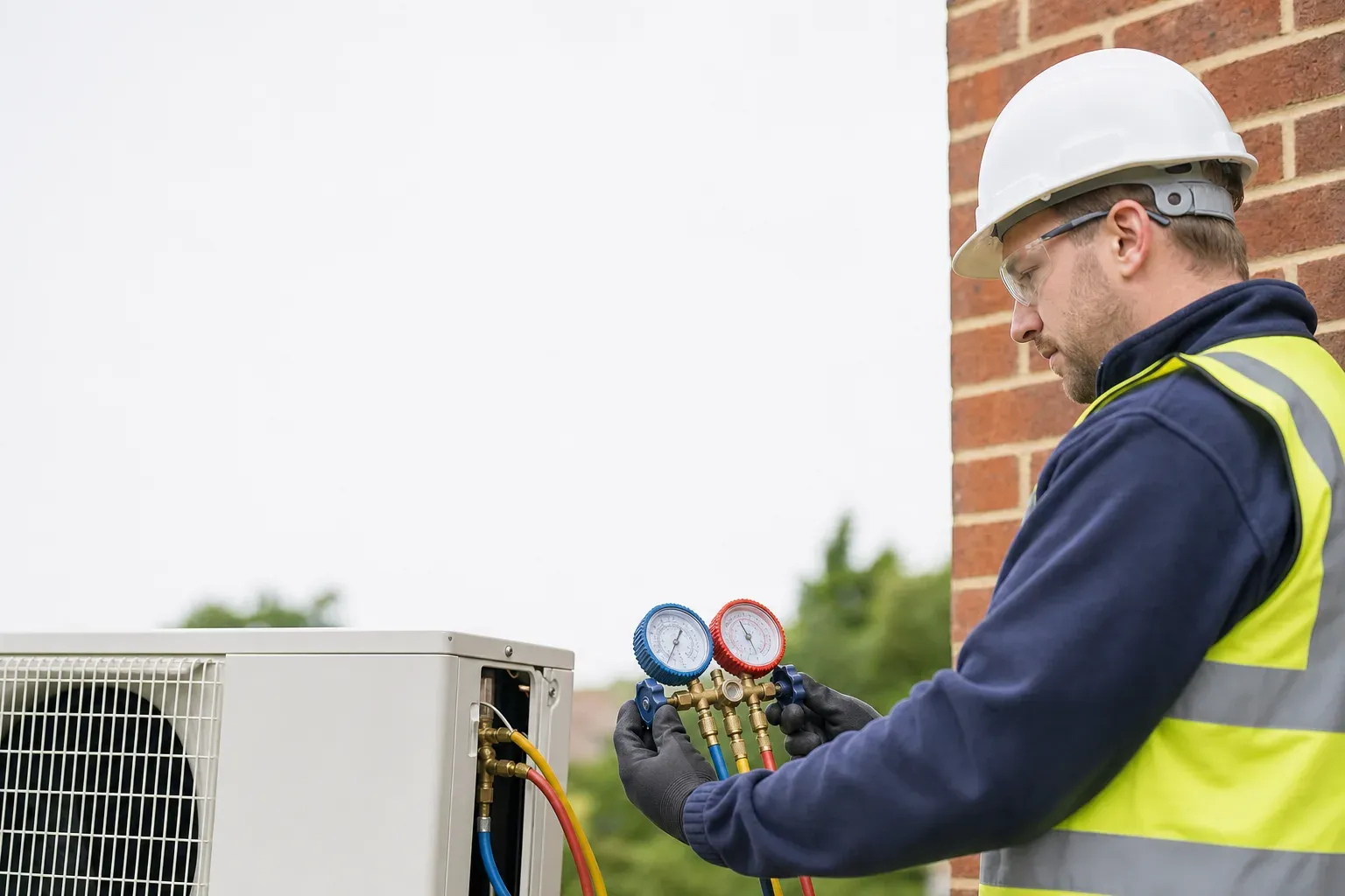 An installer connecting gauges to an outdoor air conditioning condenser.