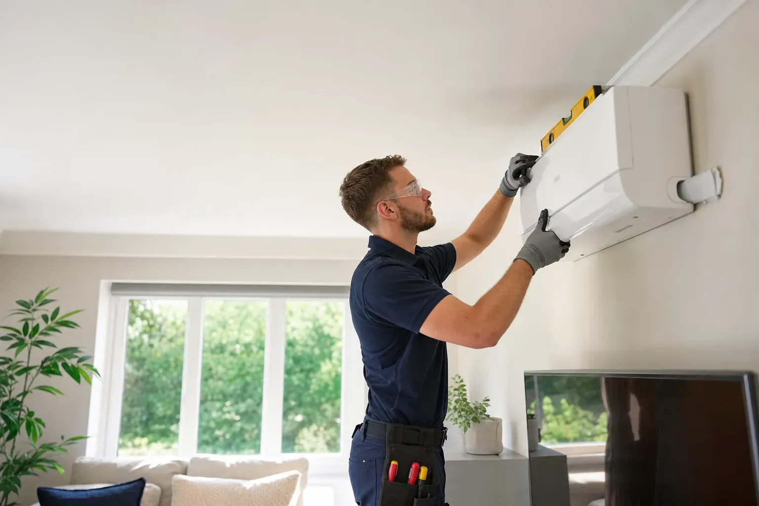 An installer mounting a wall-split air conditioning unit in a UK home.