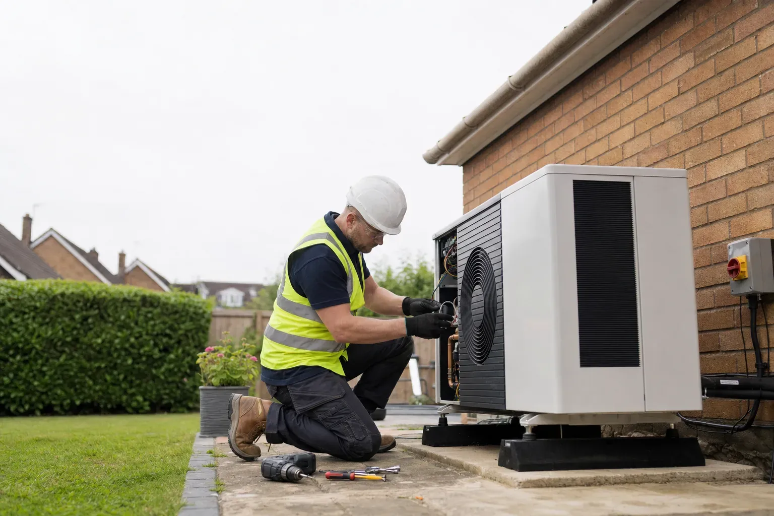 An installer commissioning an air-source heat pump at a UK home.
