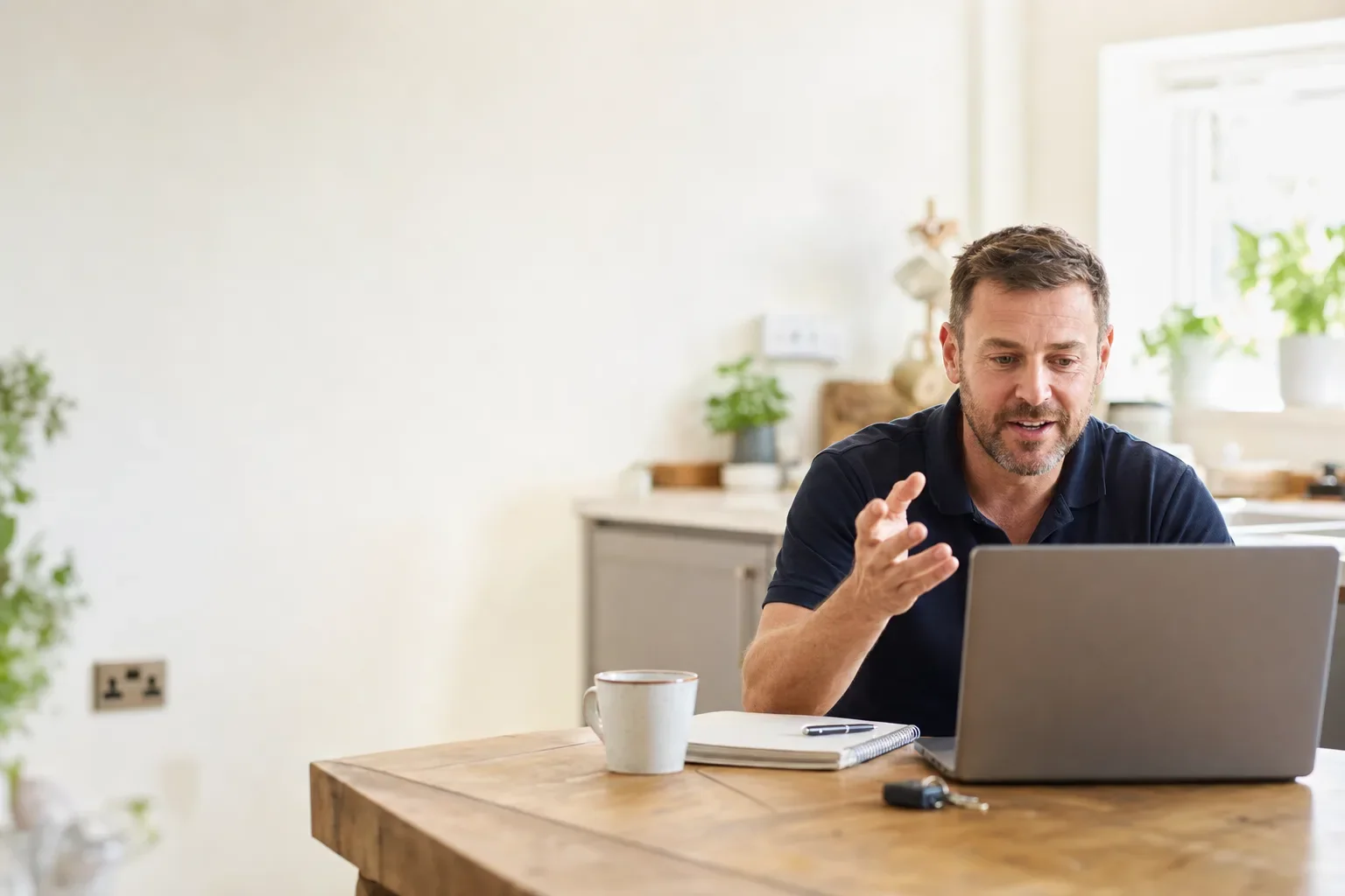 A trades business owner on a video call at his kitchen table, notepad and coffee beside the laptop