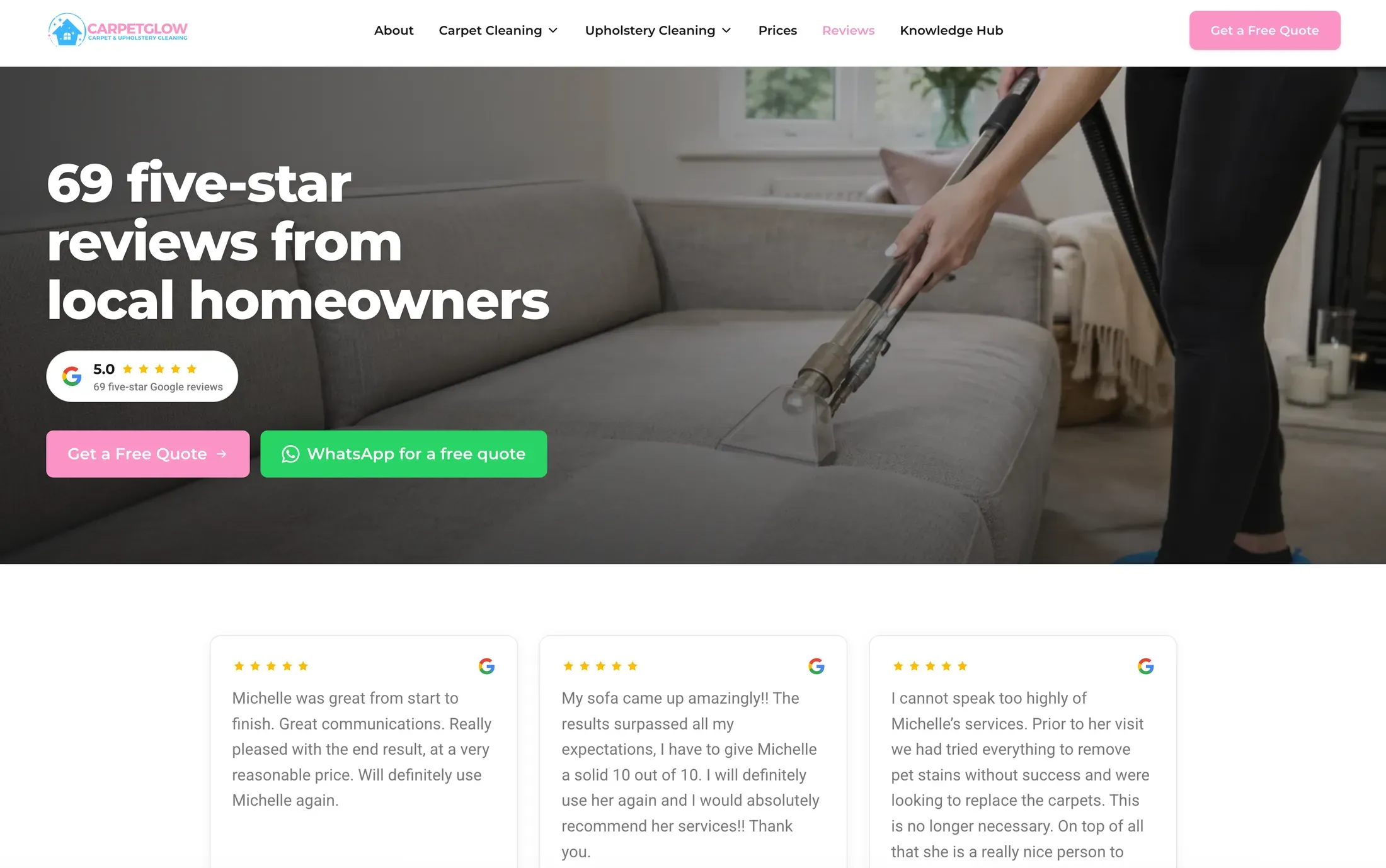 The CarpetGlow carpet and upholstery cleaning website, built in house by We Are SMC