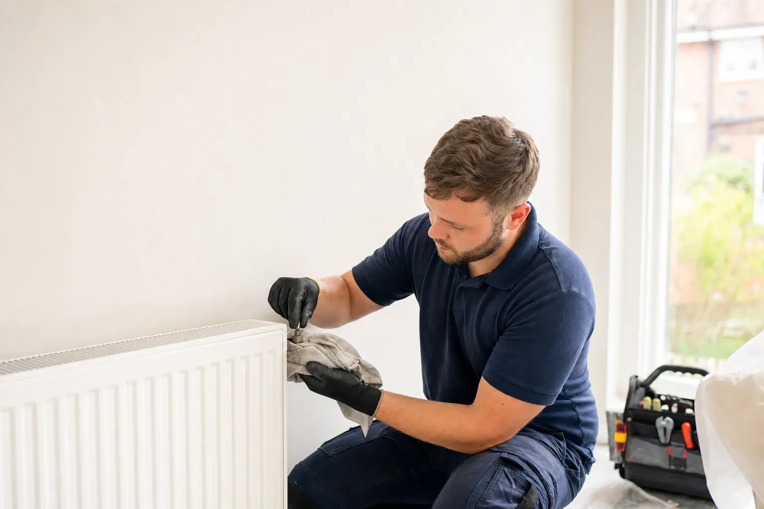 A plumber in gloves bleeding a radiator in a UK home, tool bag beside him
