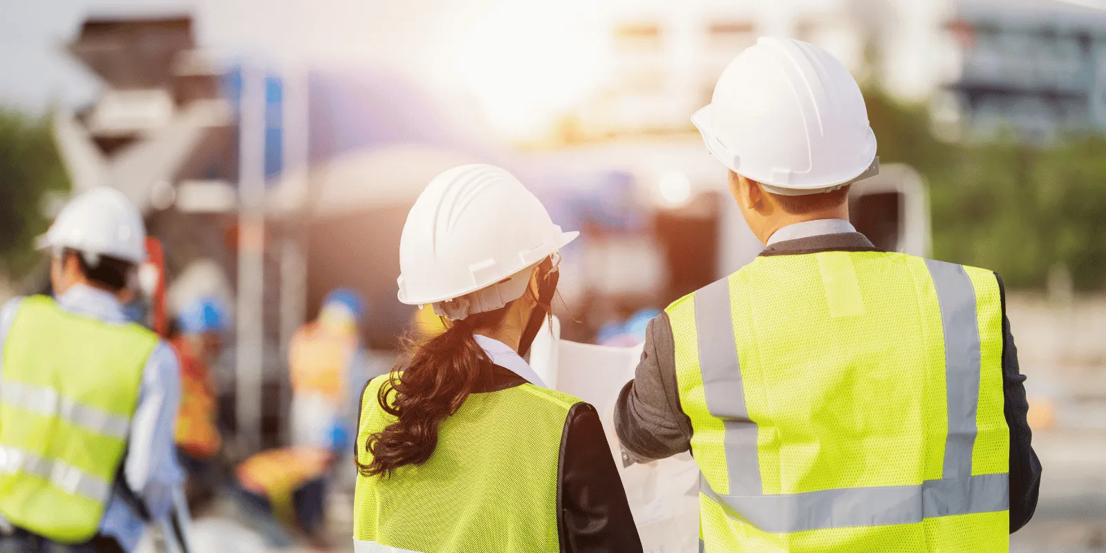 Site team in hi-vis reviewing work at sunrise