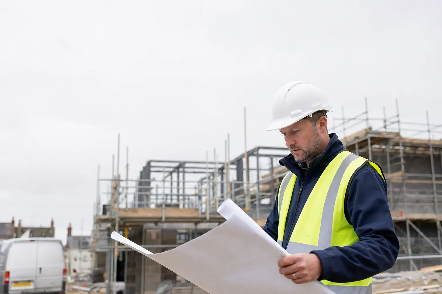 A site manager reviewing drawings on a UK construction site.