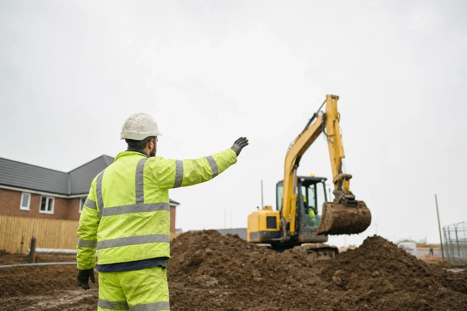 A groundworks contractor beside an excavator on a UK civils site.