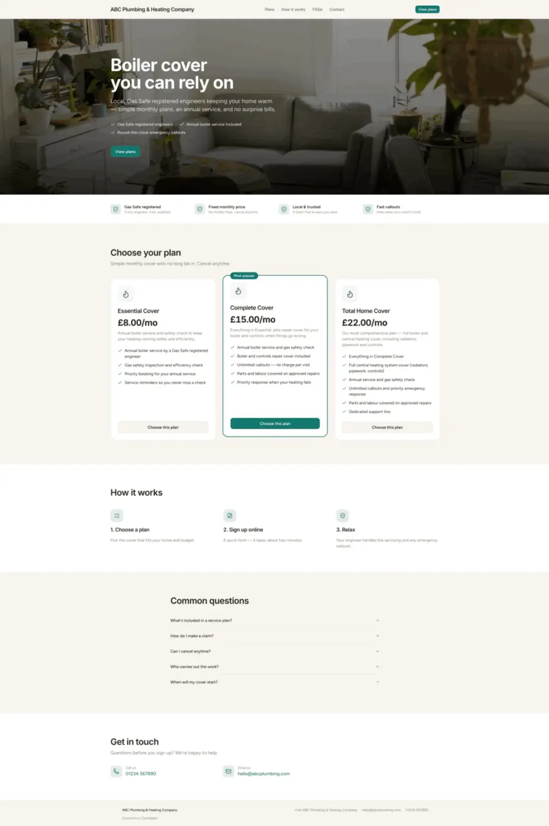Your branded plans page, where homeowners choose their cover and sign up.