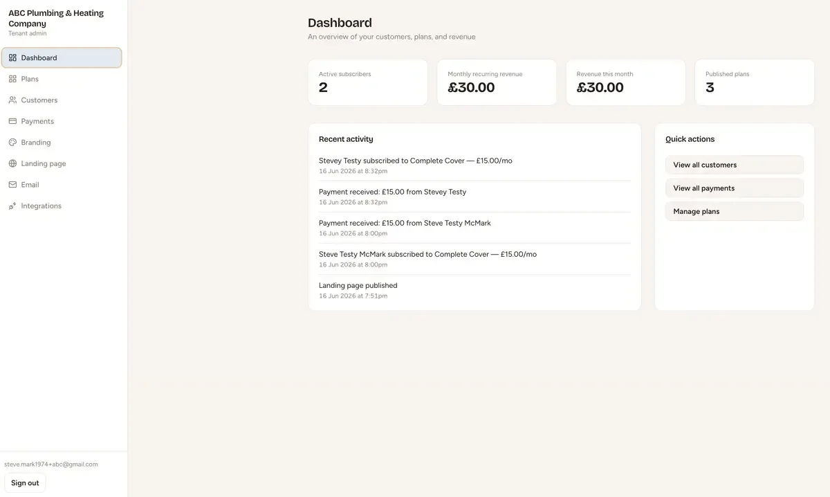Plans, payments and renewals managed in one place.