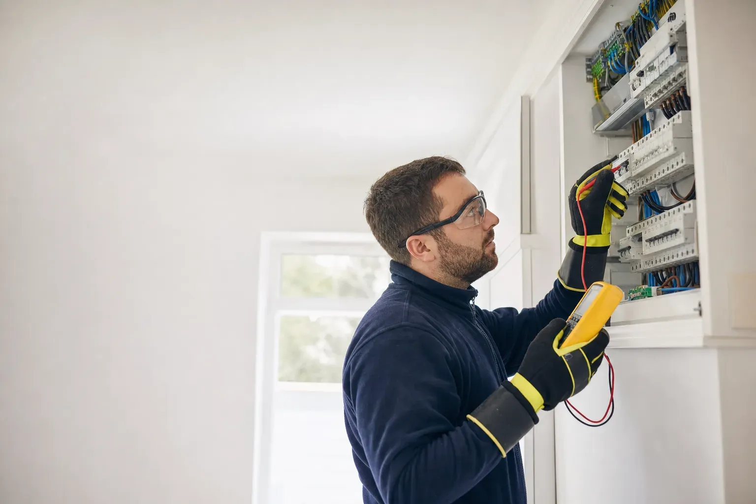An electrician in gloves and safety glasses testing a consumer unit in a UK home.