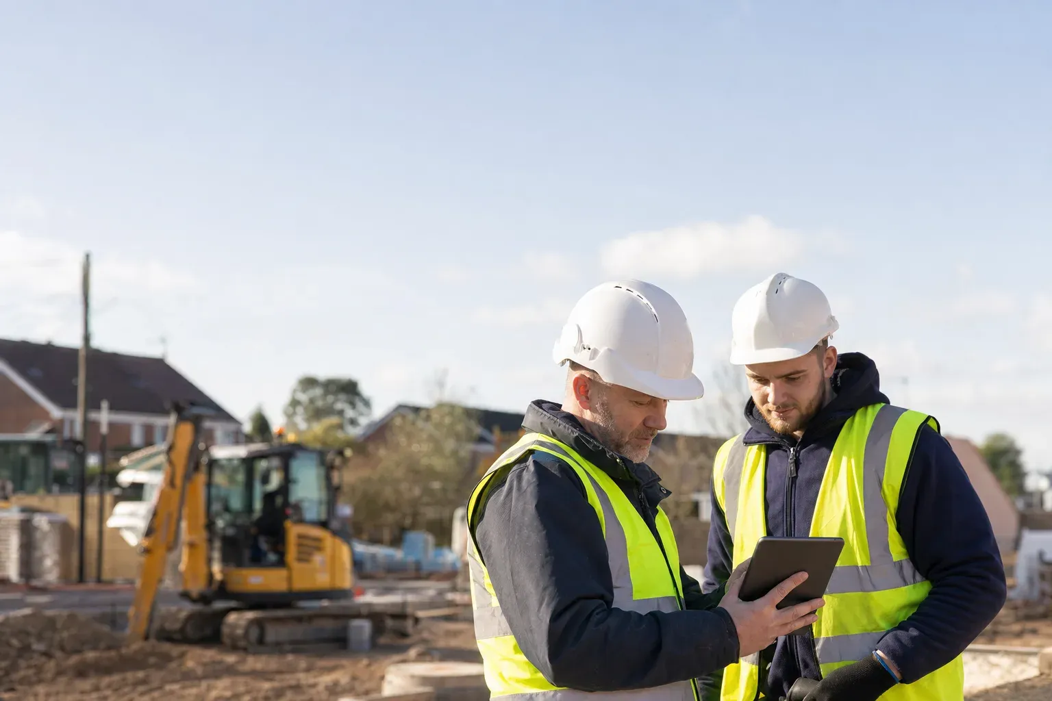 Two contractors in hard hats and hi-vis discussing plans on a tablet on a UK building site