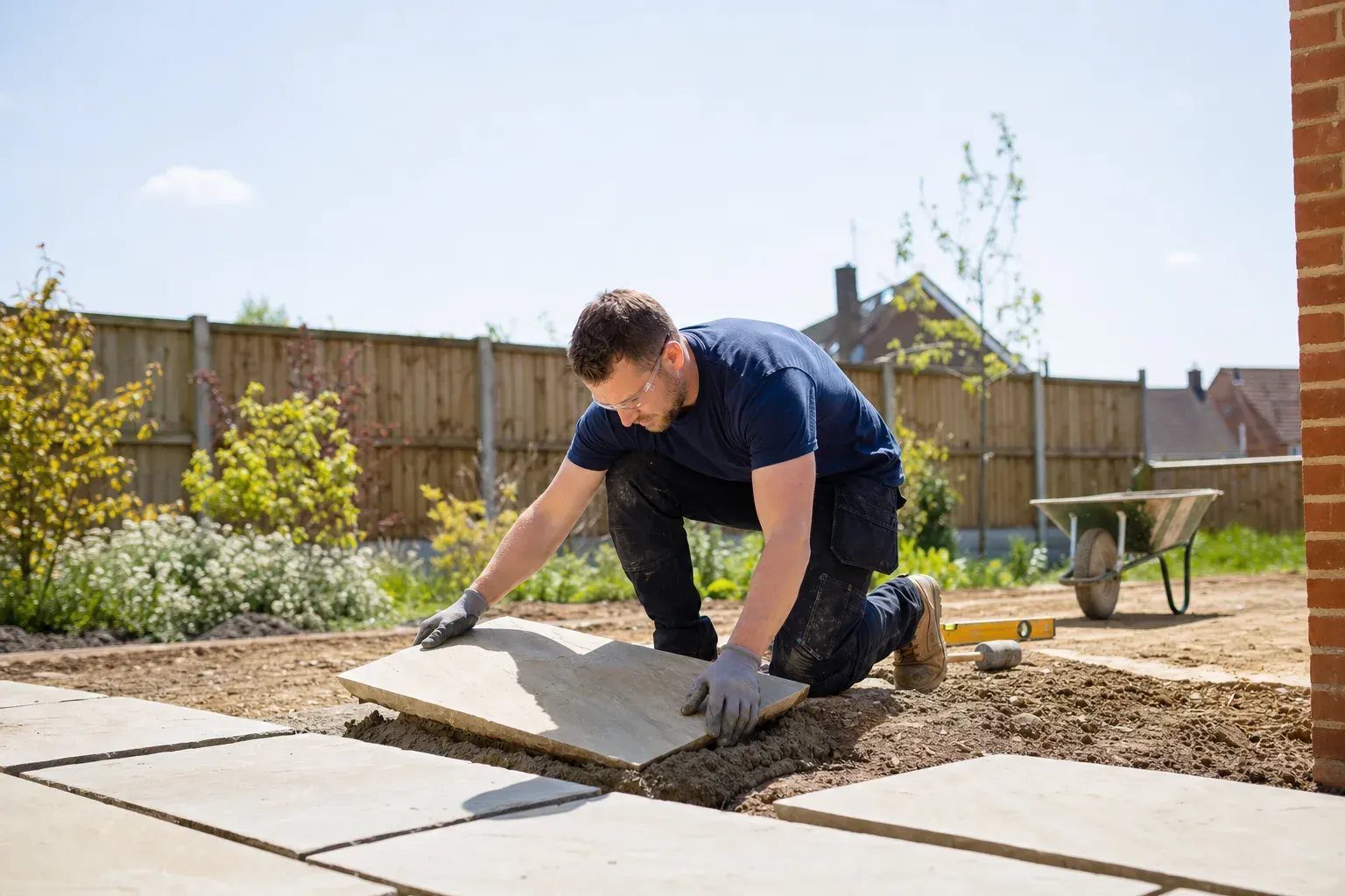 A landscaper laying a stone paving slab on a mortar bed in a UK back garden.