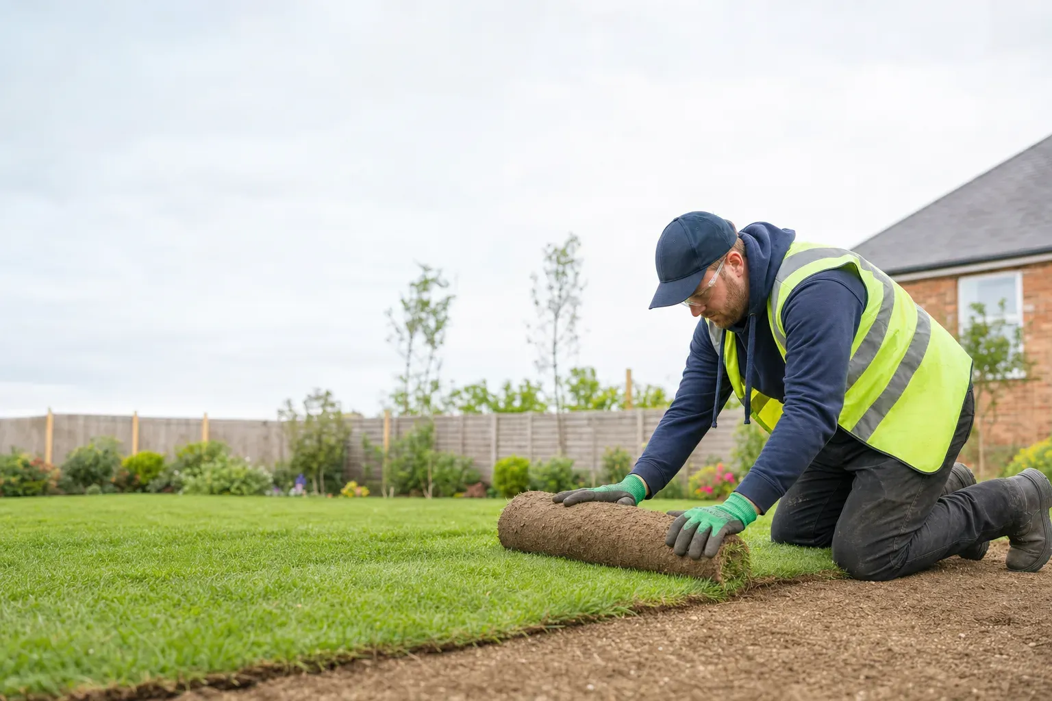 A landscaper laying fresh turf in a UK garden.