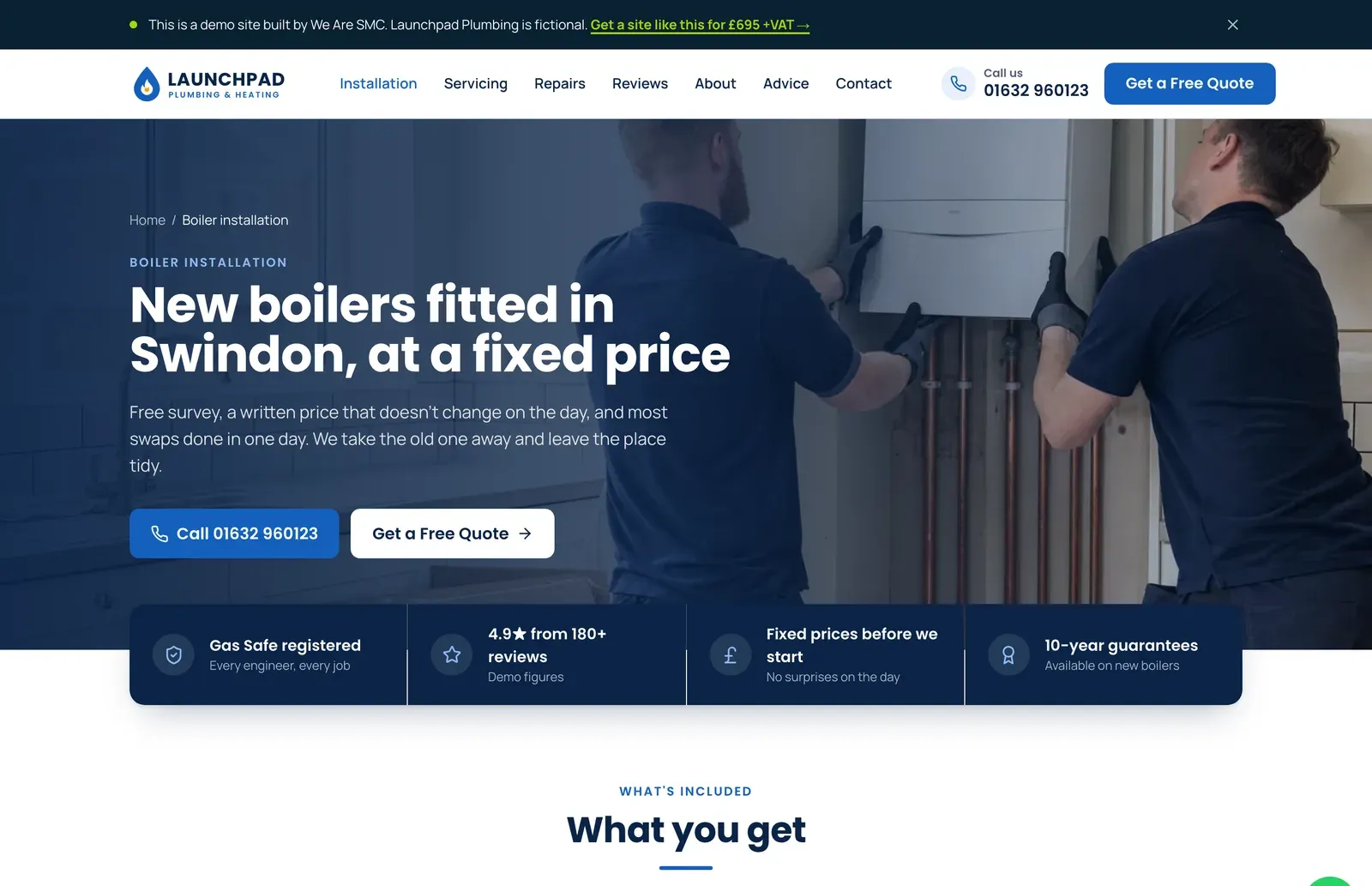 The boiler installation page on the Launchpad Plumbing example website, with a fixed-price headline, call and quote buttons, and Gas Safe and review badges