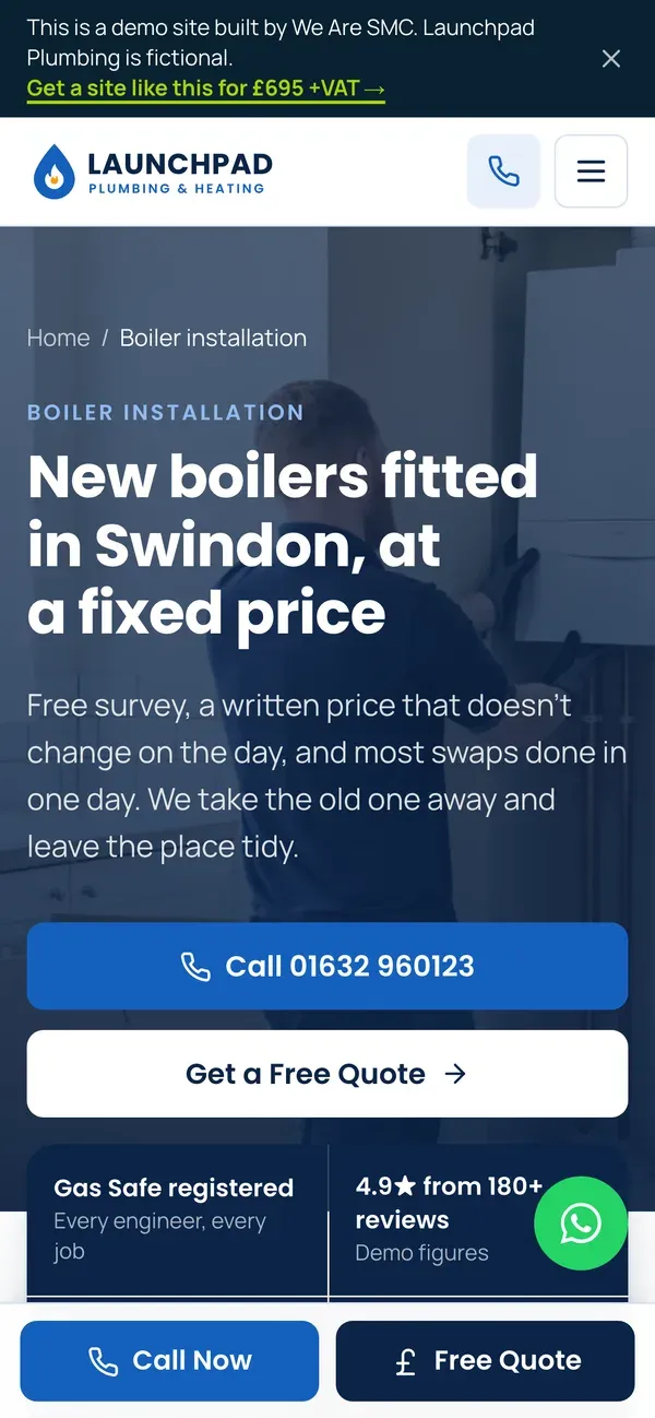The same boiler installation page on a phone, with call and quote buttons pinned to the bottom of the screen