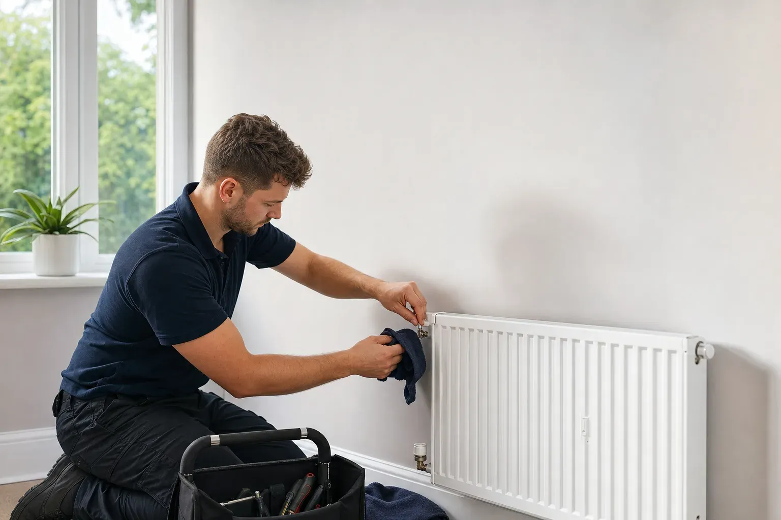 A plumber bleeding a radiator with a bleed key in a UK home.