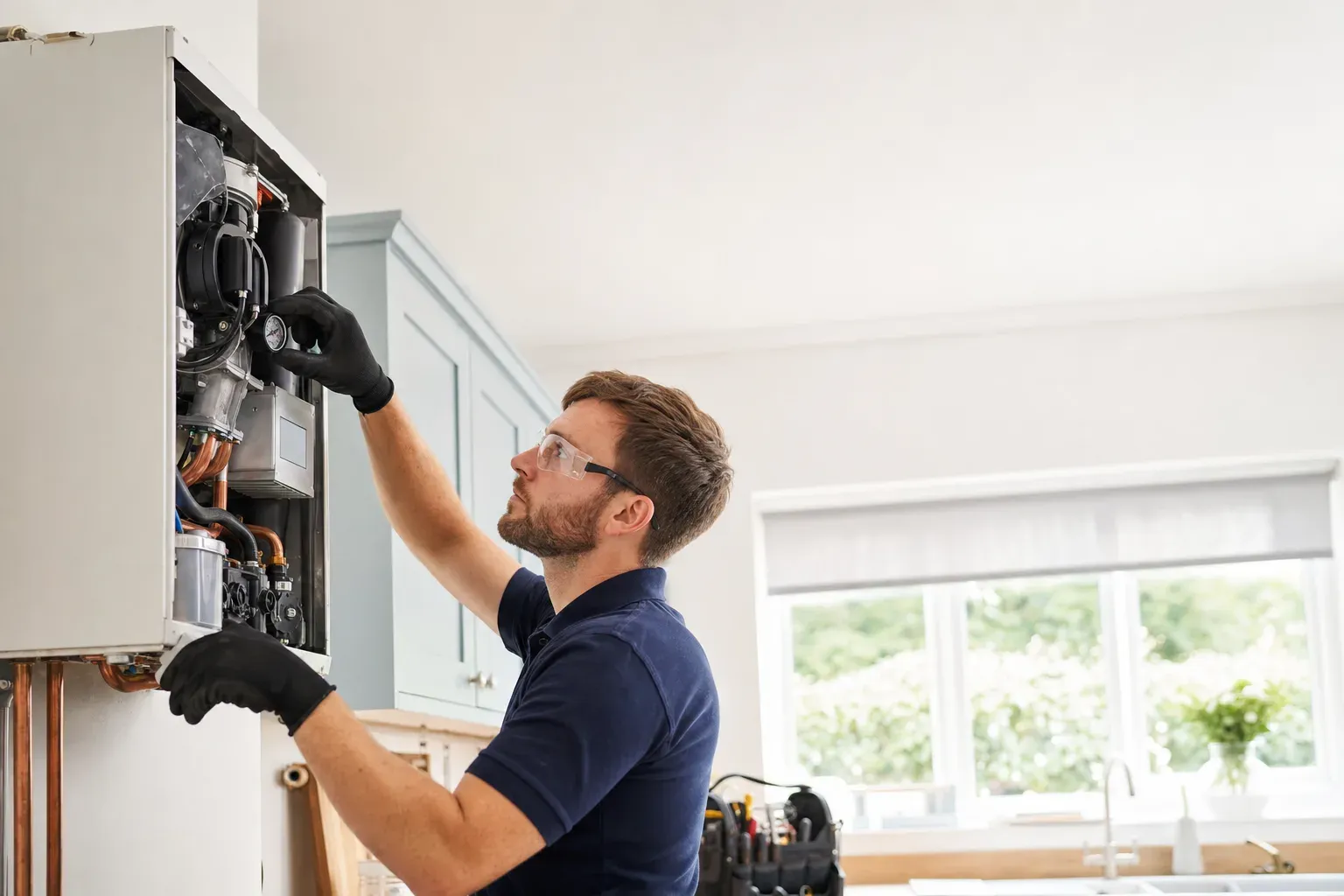 A plumber servicing a combi boiler and checking the pressure gauge in a UK home.