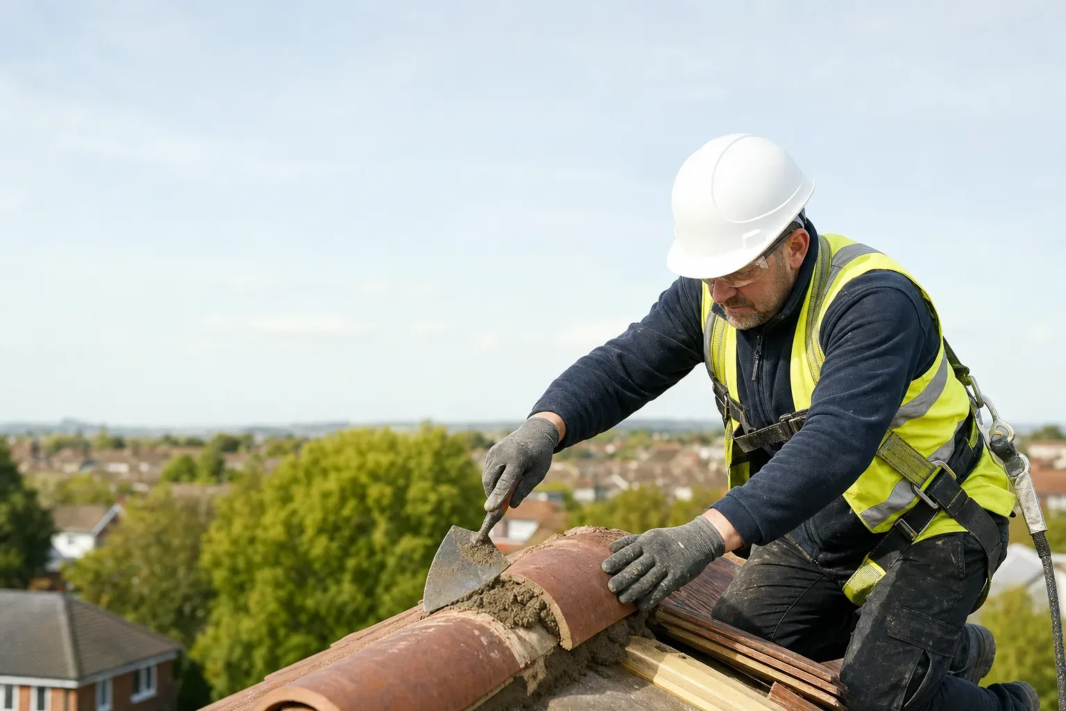 A roofer in a harness bedding a ridge tile in mortar on a UK roof.