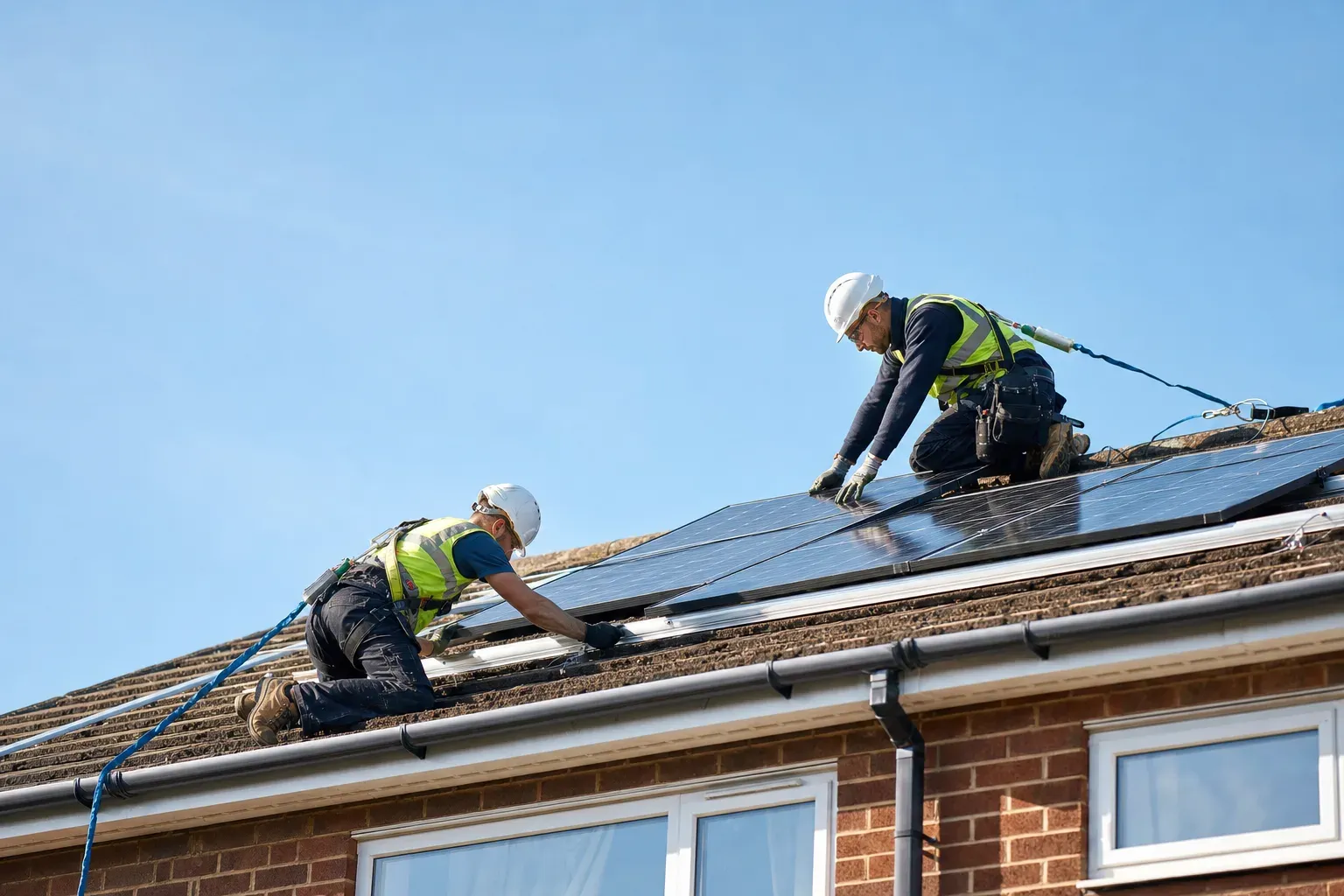 Installers in harnesses and hi-vis fitting solar panels on a UK house roof.