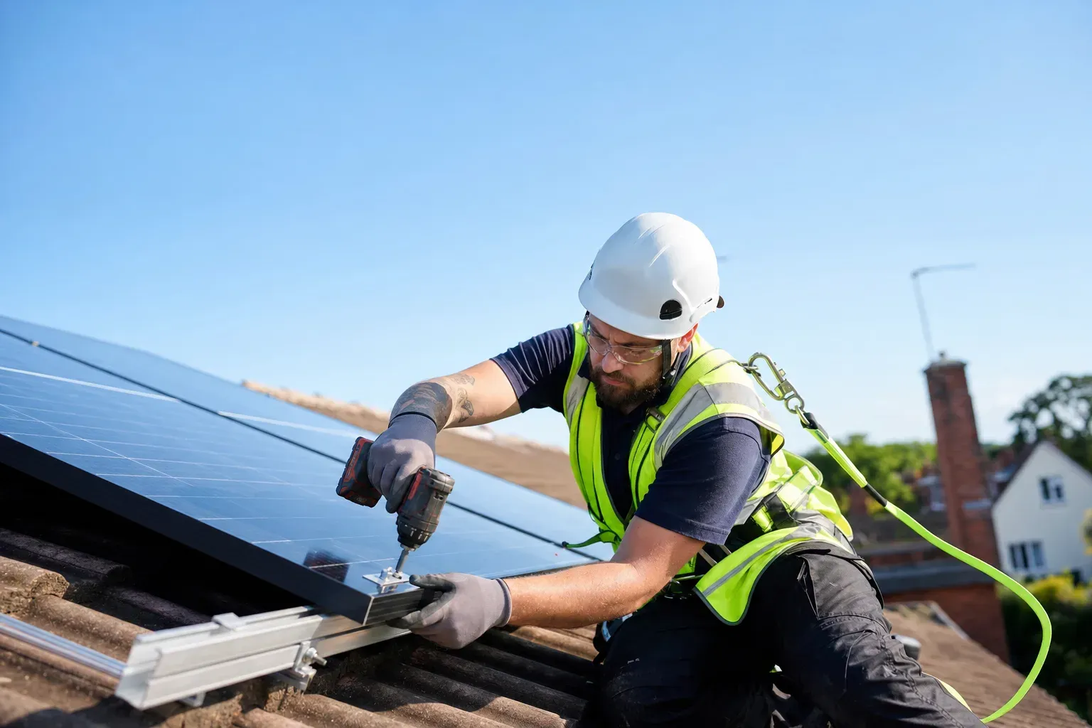 An installer in a harness securing a solar panel to a mounting rail on a UK roof.