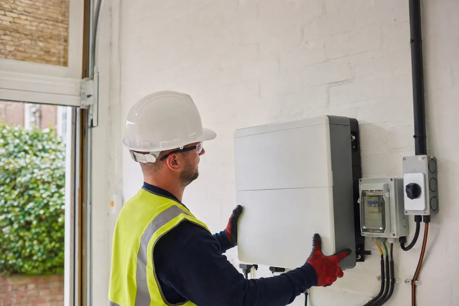 An installer fitting a home battery storage unit in a UK garage.