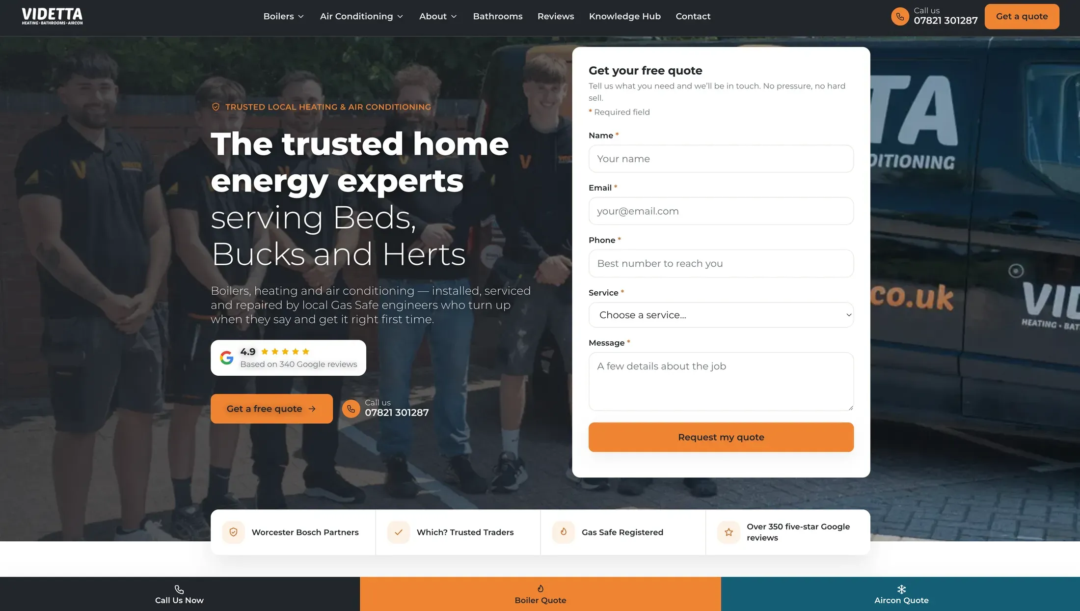 The Videtta Heating website, designed and built in house by We Are SMC